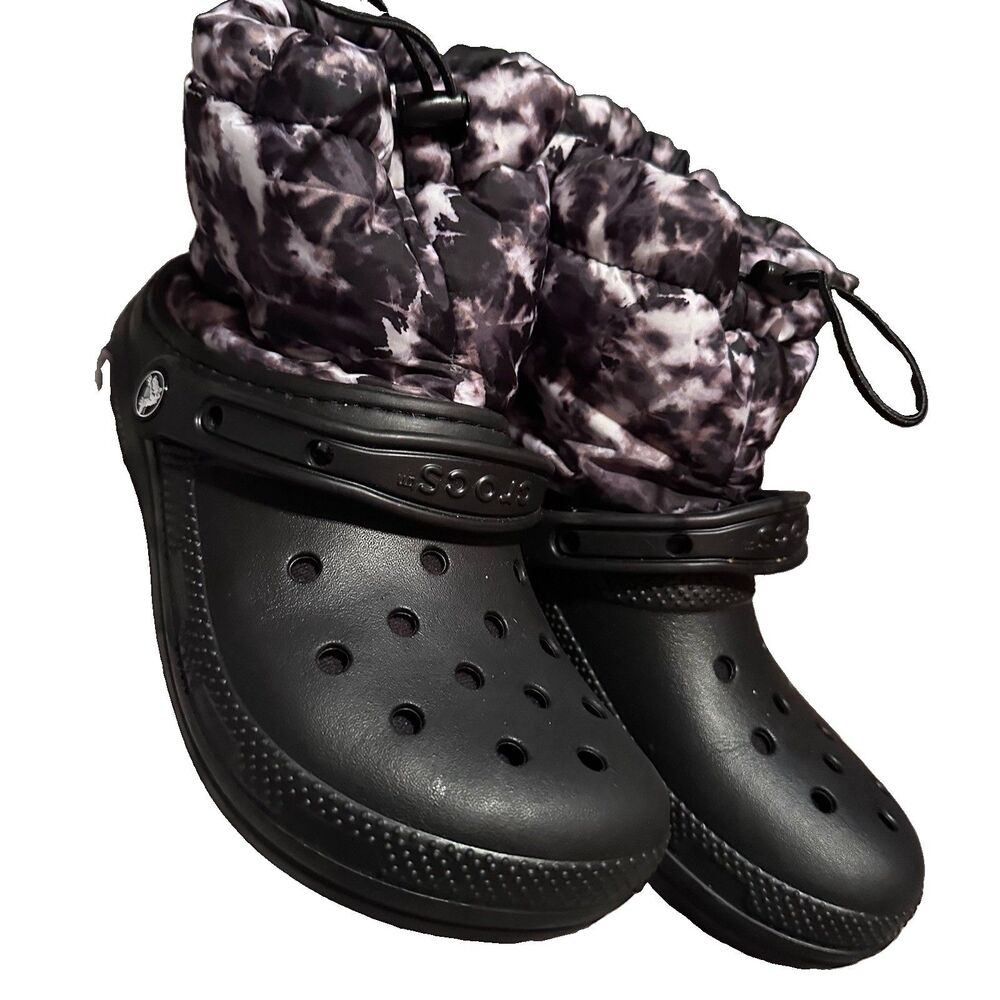 Crocs Classic Lined Neo Puff Boots Black White Tie Dye Winter Clogs